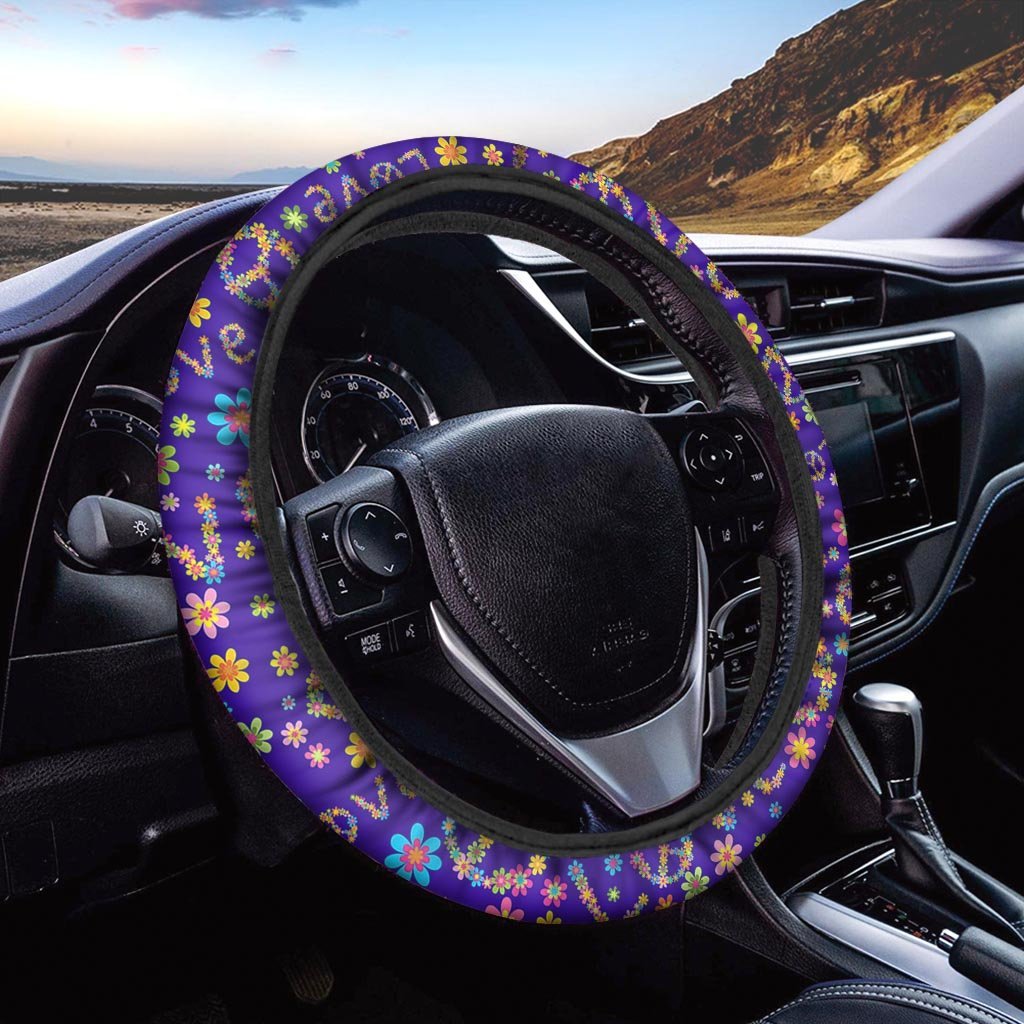 Hippie Steering Wheel Cover Love Peace Sign Hippie Floral Pattern Driving Wheel Cover Purple