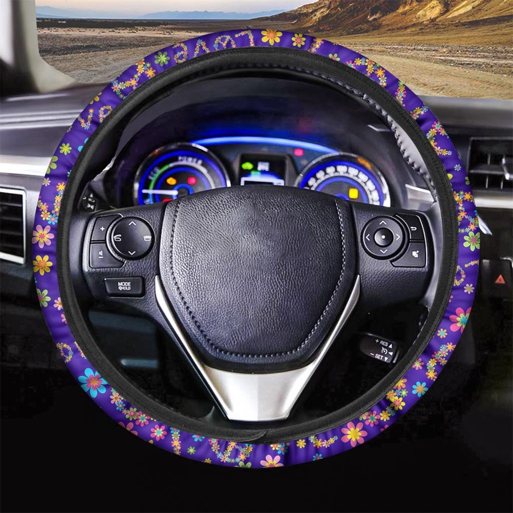 Hippie Steering Wheel Cover Love Peace Sign Hippie Floral Pattern Driving Wheel Cover Purple