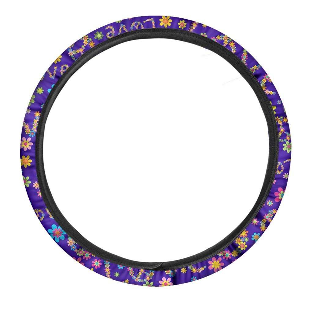 Hippie Steering Wheel Cover Love Peace Sign Hippie Floral Pattern Driving Wheel Cover Purple