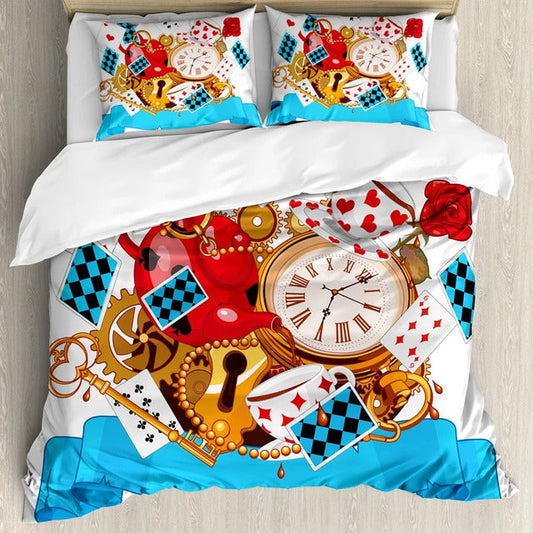 Alice In Wonderland Bedding Set Cards Keys CLock Items Pattern Duvet Covers Colorful Unique Gift