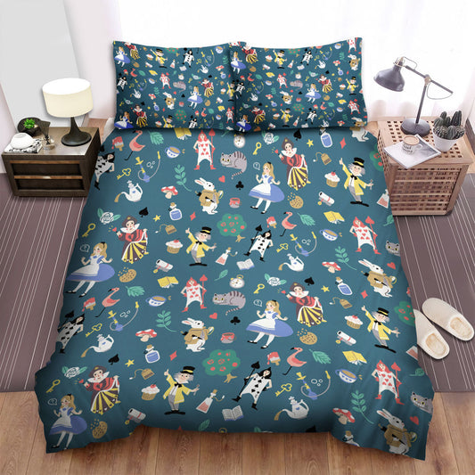 Alice In Wonderland Bedding Set Alice In Wonderland Characters Doodles Pattern Duvet Covers Blue Unique Gift