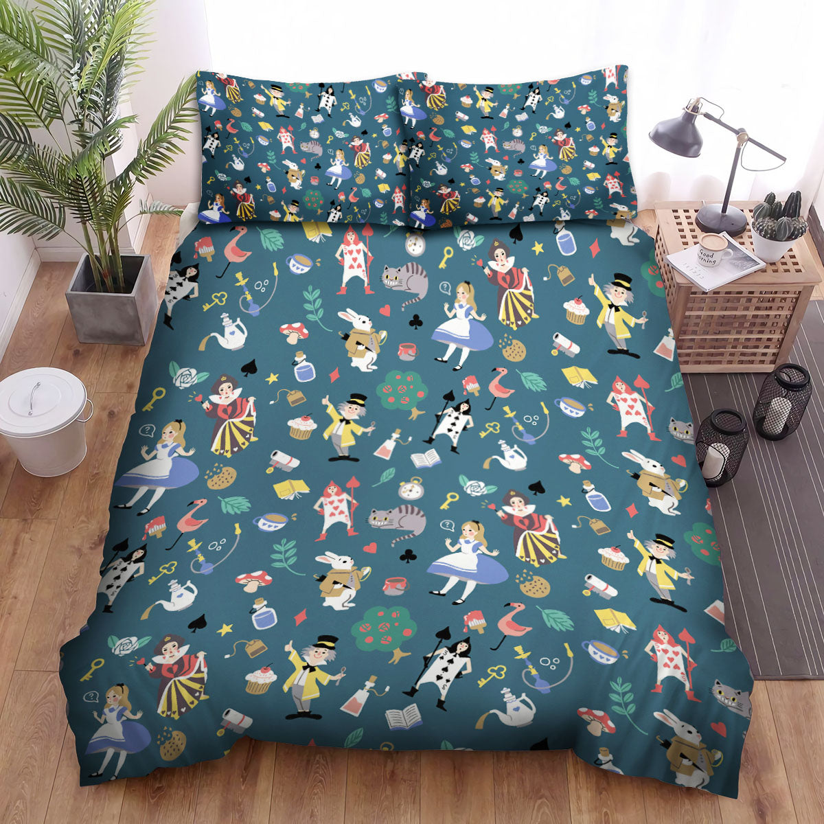 Alice In Wonderland Bedding Set Alice In Wonderland Characters Doodles Pattern Duvet Covers Blue Unique Gift