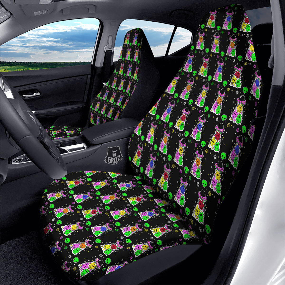 Alien Car Seat Covers Alien With UFO Pattern Seat Covers Colorful