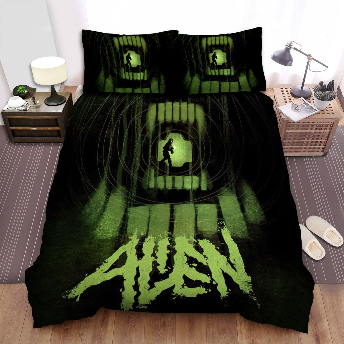 Alien Bedding Set Alien Character In The Dark Duvet Covers Black Green Unique Gift