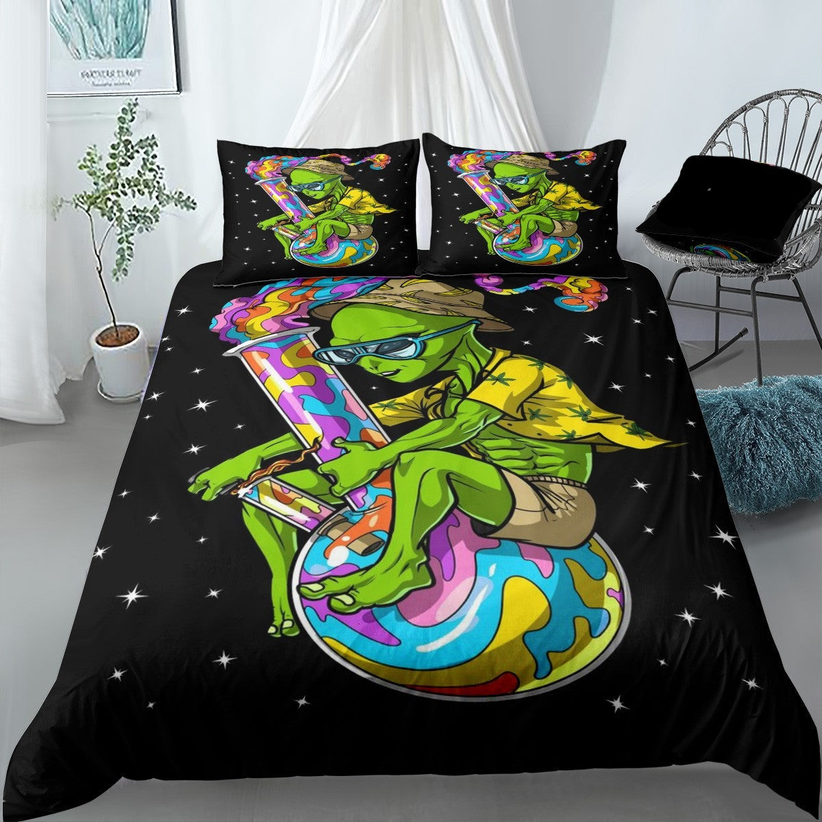Alien Bedding Set Alien Stoner Weed Bong Duvet Covers Black Green Unique Gift