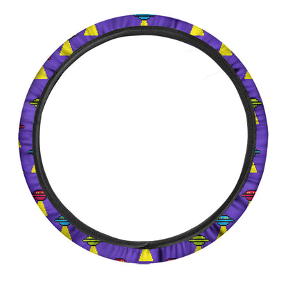 UFO Steering Wheel Cover Cute Colorful Pixel UFO Pattern Driving Wheel Cover Purple