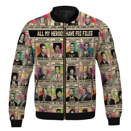 Africa Americans Bomber Jacket All My Heroes Have FBI Files Bomber White Unisex