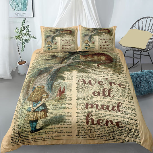 Alice In Wonderland Bedding Set We're All Mad Here Book Pattern Duvet Covers Brown Unique Gift