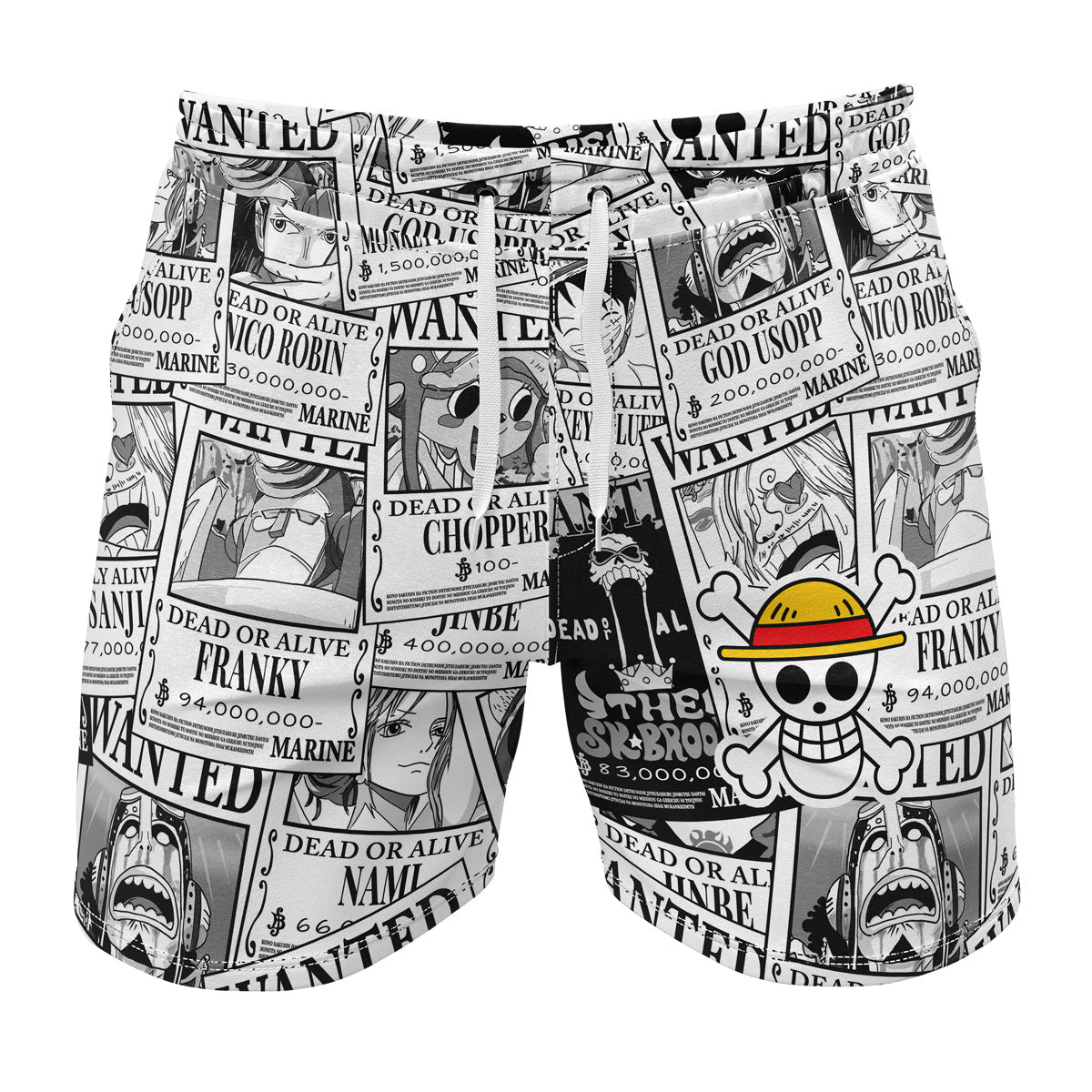 One Piece Shorts One Piece Strawhat Wanted Paper Pattern Beach Shorts White Black