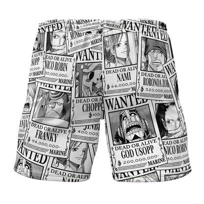 One Piece Shorts One Piece Strawhat Wanted Paper Pattern Beach Shorts White Black