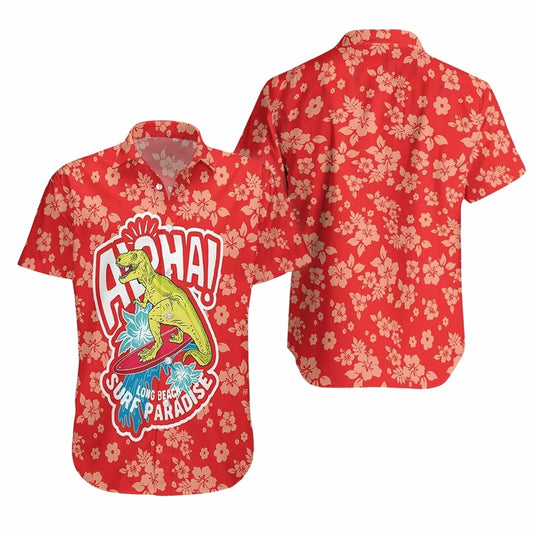 Dinosaur Hawaii Shirt Dinosaur Long Beach Surf Paradise Hawaiian Shirt Red Unisex