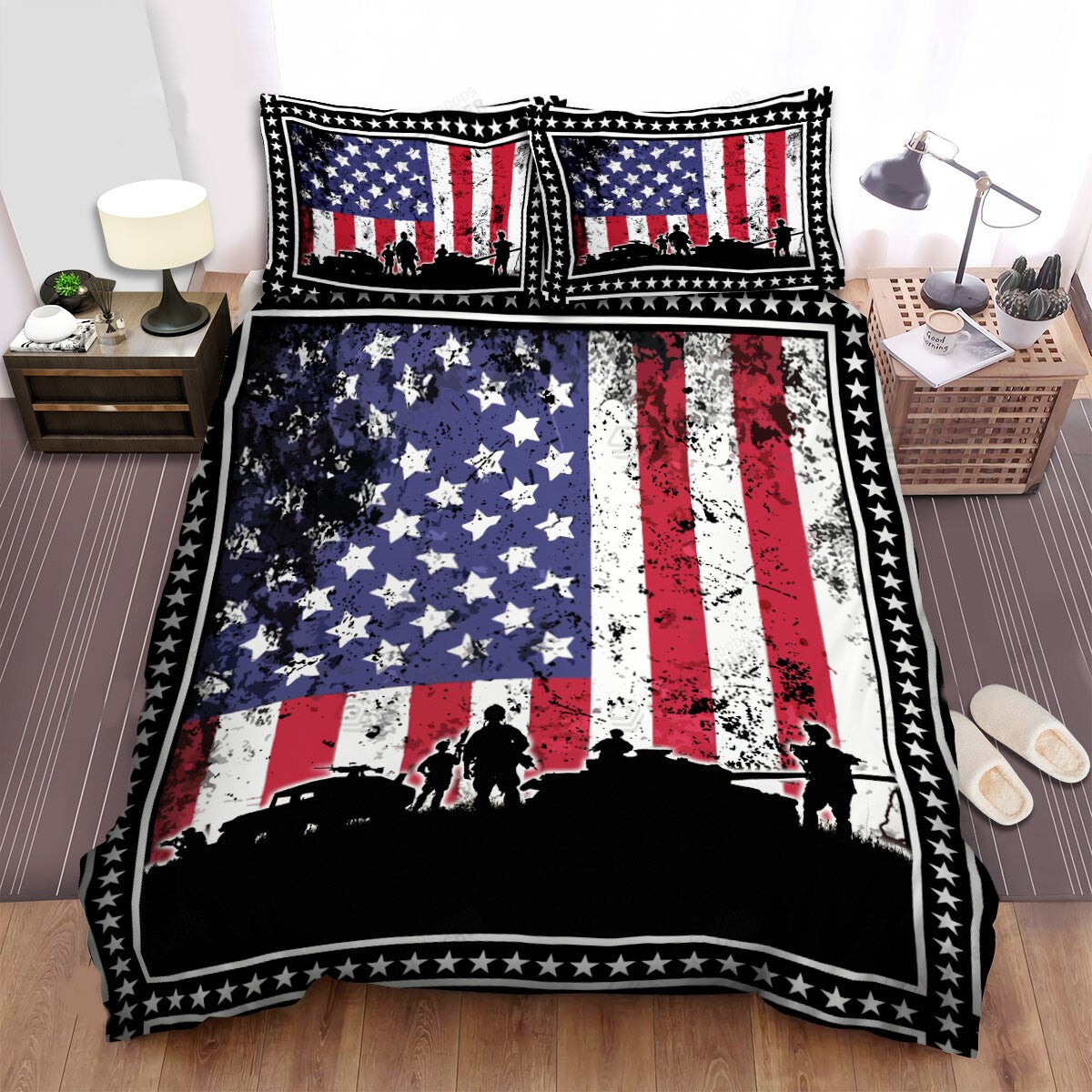 Veteran Bedding Set American Flag Battlefield Sihouette Duvet Covers Black Blue Unique Gift