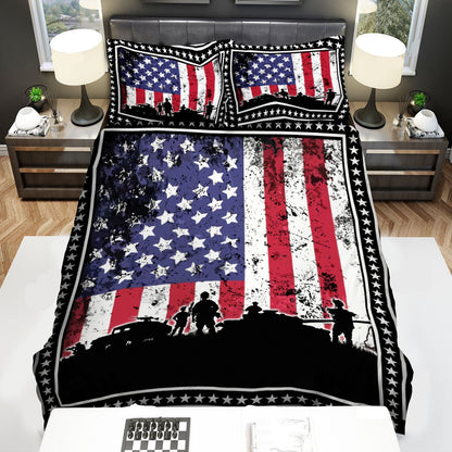 Veteran Bedding Set American Flag Battlefield Sihouette Duvet Covers Black Blue Unique Gift