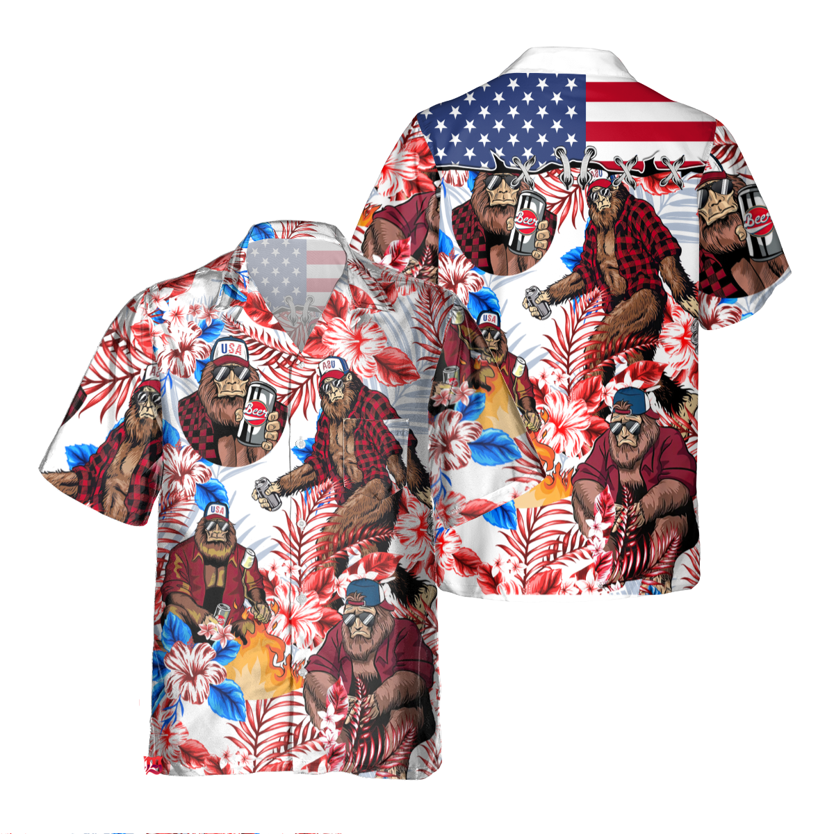 Bigfoot Hawaii Shirt Bigfoot Beer American Flag Flower Pattern Hawaiian Shirt Colorful Unisex