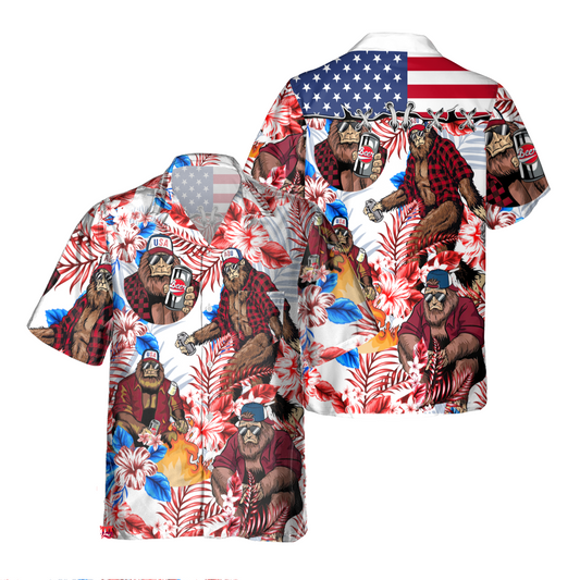 Bigfoot Hawaii Shirt Bigfoot Beer American Flag Flower Pattern Hawaiian Shirt Colorful Unisex