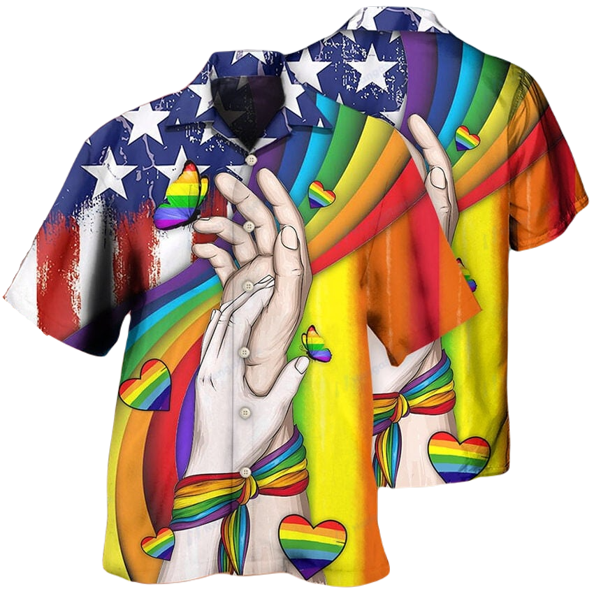 LGBT Hawaii Shirt LGBT Hand Holding Butterfly Rainbow Hawaiian Shirt Colorful Unisex