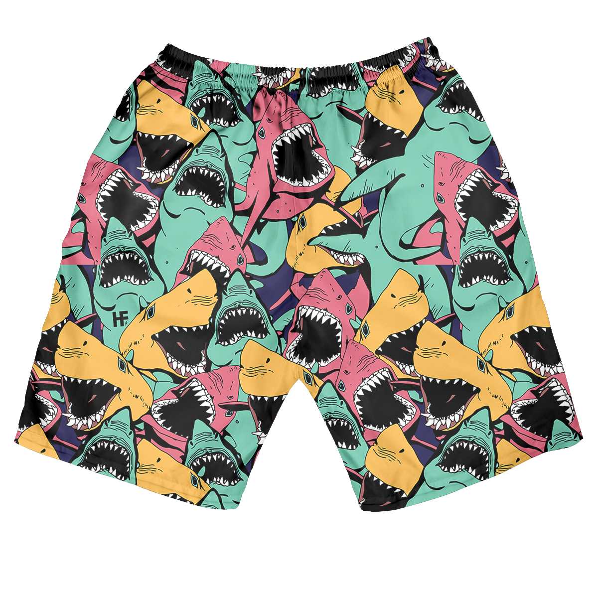 Shark Shorts Angry Shark Full Pattern Beach Shorts Colorful