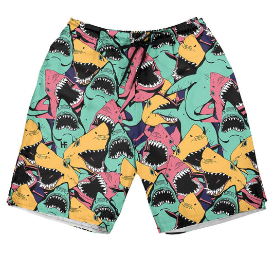 Shark Shorts Angry Shark Full Pattern Beach Shorts Colorful