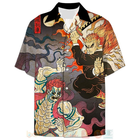 Demon Slayer Hawaii Shirt Rengoku Fights Akaza Japanese Style Hawaiian Shirt Colorful Unisex