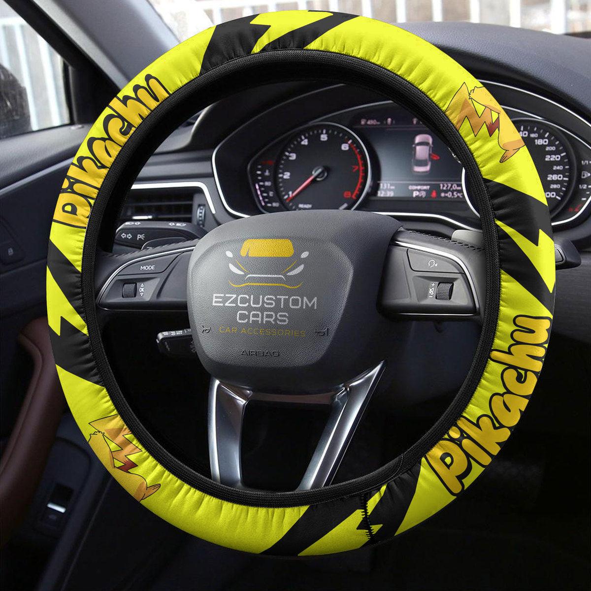 PKM Steering Wheel Cover PKM Pikachu Name And Graphic Driving Wheel Cover Black Yellow