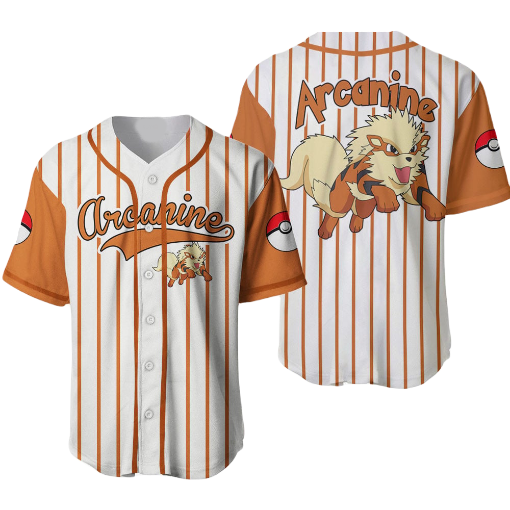 PKM Baseball Jersey PKM Arcanine Graphic Jersey Shirt Orange White Unisex