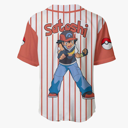 PKM Baseball Jersey Ash Ketchum Satoshi Graphic Jersey Shirt White Red Unisex