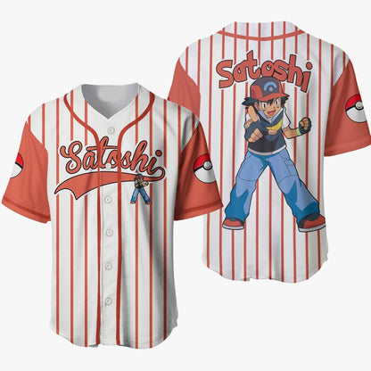 PKM Baseball Jersey Ash Ketchum Satoshi Graphic Jersey Shirt White Red Unisex