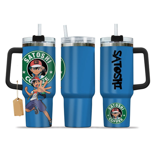 PKM 40 Oz Tumbler Ash Ketchum Satoshi Coffee Graphic Tumbler 40 Oz Blue