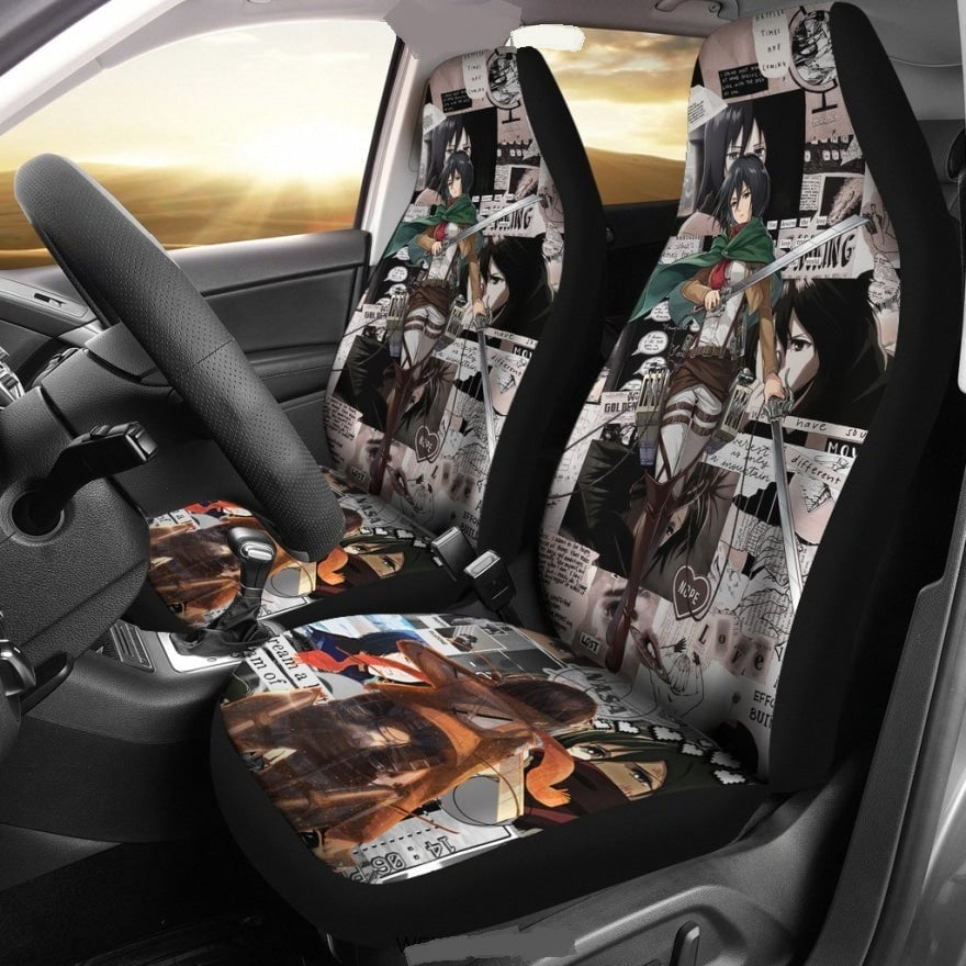 Attack On Titan Car Seat Covers Mikasa Pieces Of Old Letters Seat Covers White Brown
