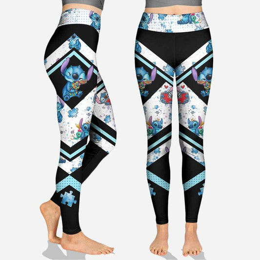 Stitch Leggings Stitch And Puzzle Pieces Pattern High Waisted Legging Black Blue For Women