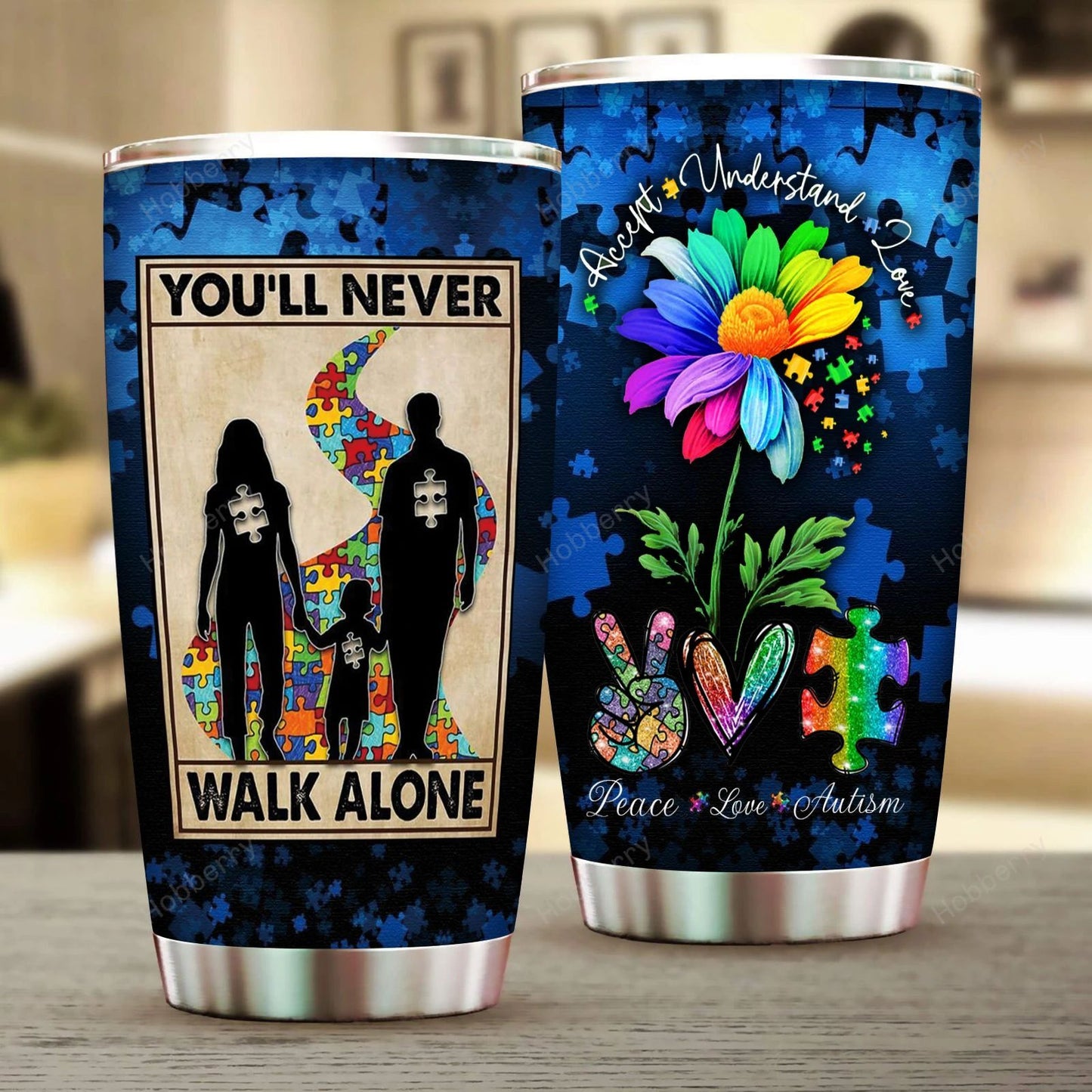Autism Tumbler You Never Walk Alone Mom Dad Tumbler Cup Blue