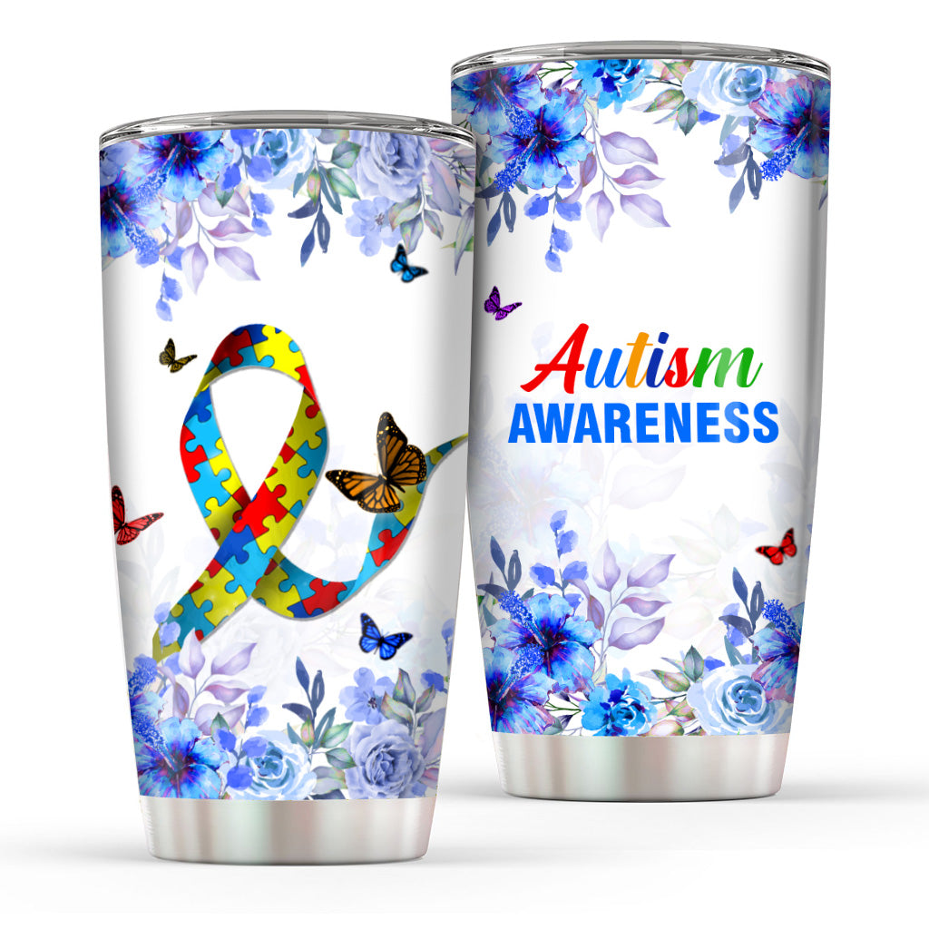 Autism Tumbler Autism Awareness Ribbon With Flower Tumbler Cup White Blue