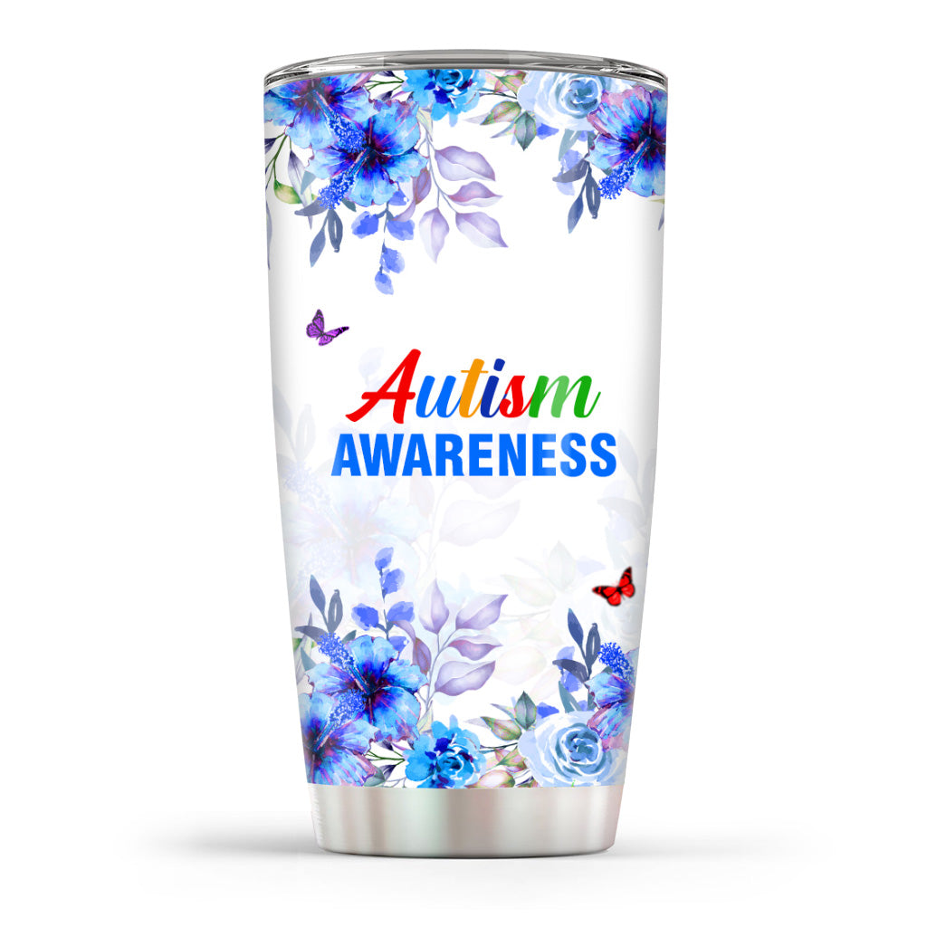 Autism Tumbler Autism Awareness Ribbon With Flower Tumbler Cup White Blue