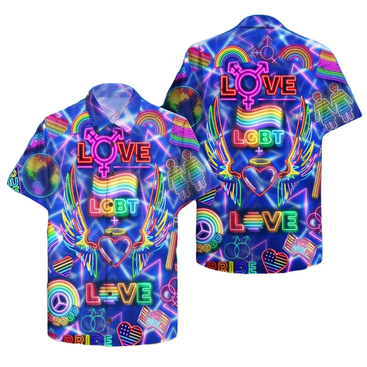 LGBT Hawaii Shirt Neon Light Wings Heart Pattern Hawaiian Shirt Purple Unisex