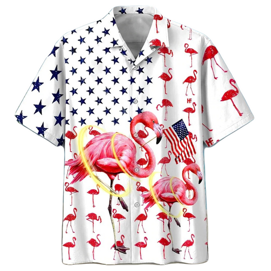 Flamingo Hawaii Shirt Flamingo American Flag Pattern Hawaiian Shirt White Pink Unisex