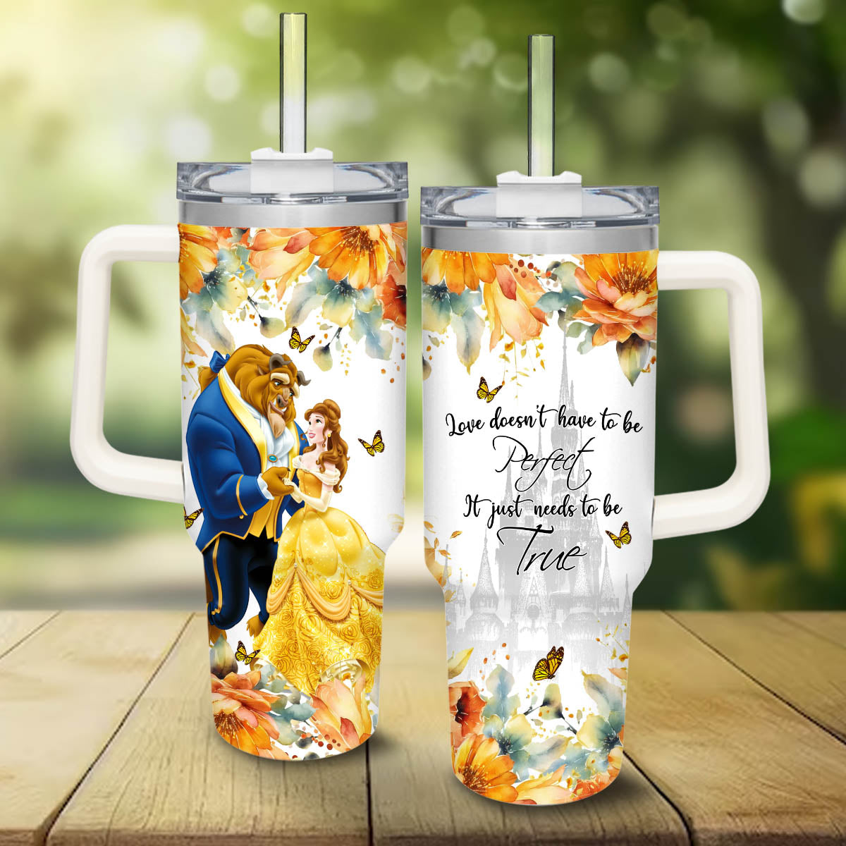 Beauty And The Beast 40 Oz Tumbler Love Doesn't Have To Be Perfect Tumbler 40 Oz White Orange