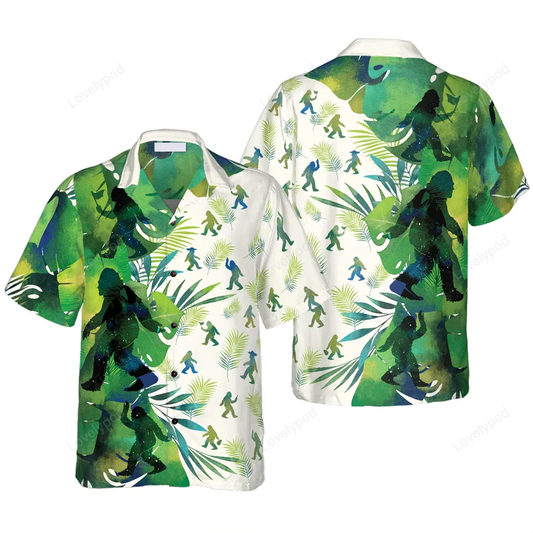 Bigfoot Hawaii Shirt Bigfoot Silhouettes In Tropical Forest Hawaiian Shirt White Green Unisex