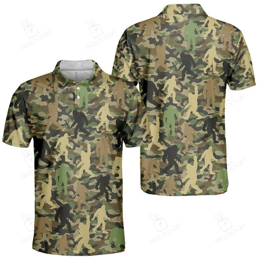 Bigfoot Polo Shirt Bigfoot Sasquatch Camoflage Pattern Polo Tees Green