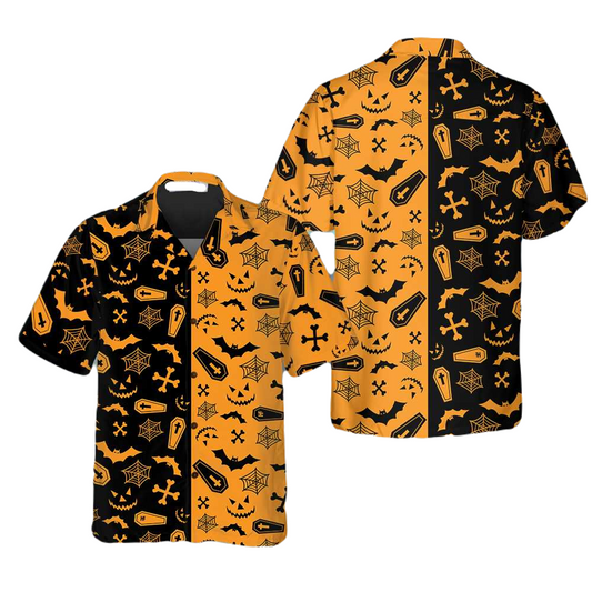 Halloween Hawaii Shirt Halloween Casket Bat Spiderweb Pattern Hawaiian Shirt Black Orange Unisex