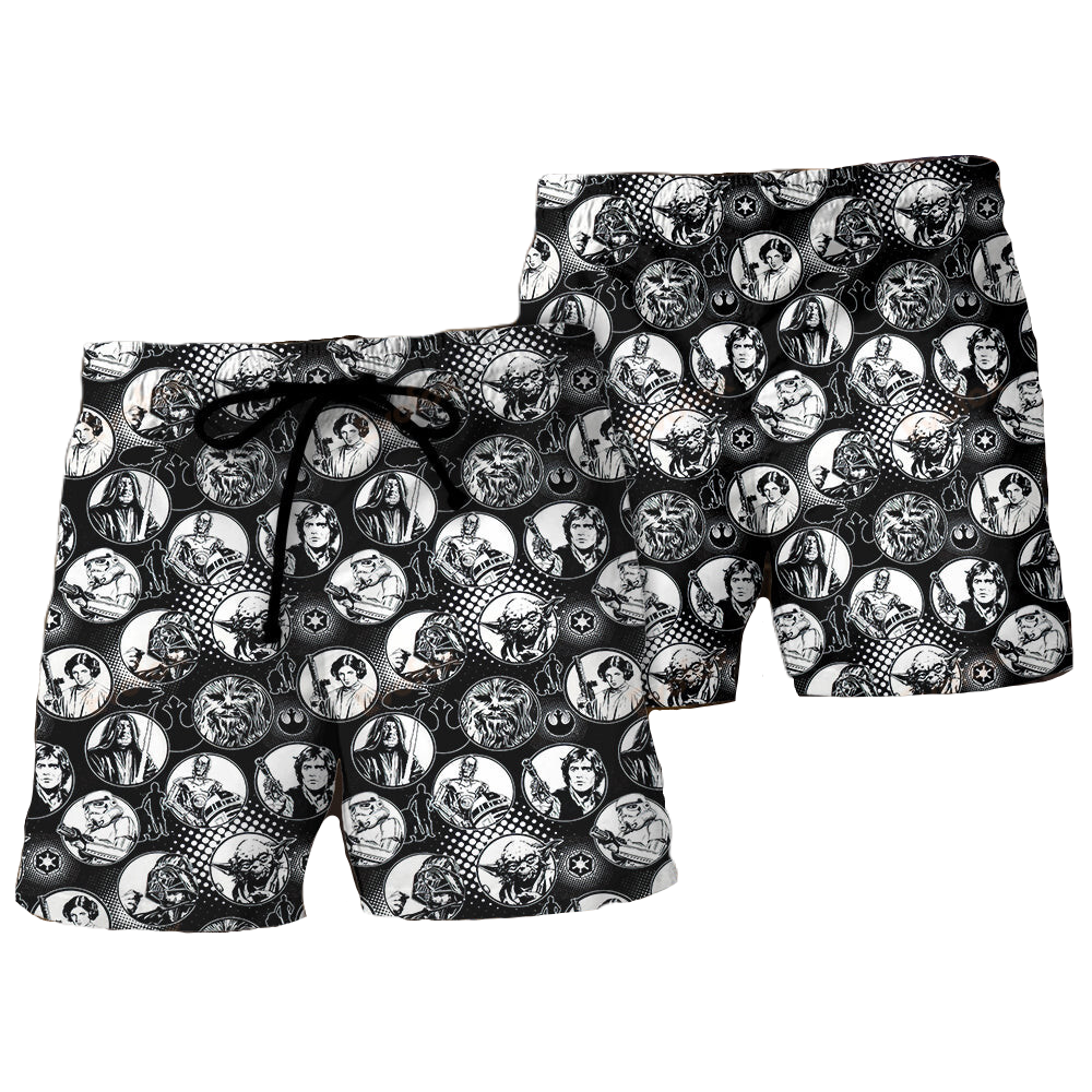 SW Shorts SW Characters In Bubble Pattern Beach Shorts Black White