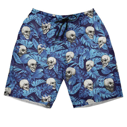 Skull Shorts Angry Skull Tropical Floral Pattern Beach Shorts Blue