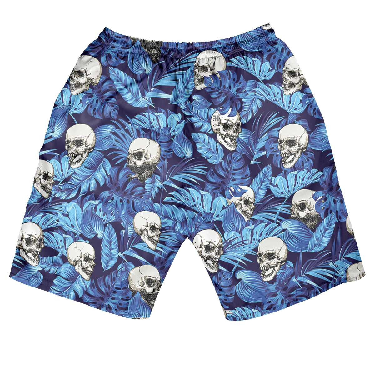 Skull Shorts Angry Skull Tropical Floral Pattern Beach Shorts Blue