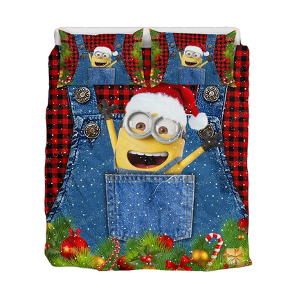 Minions Bedding Set Minion In Pocket Christmas Pattern Duvet Covers Blue Red Unique Gift