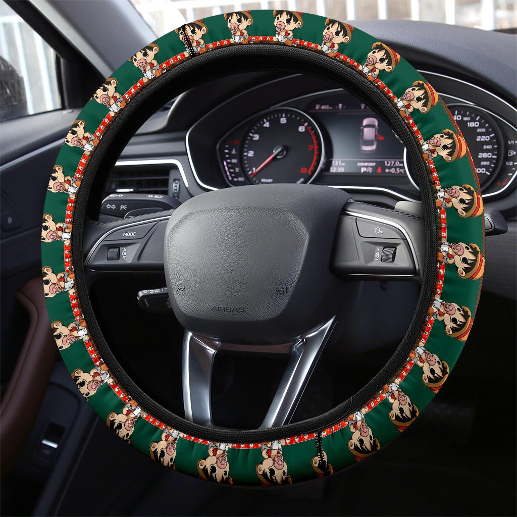 One Piece Steering Wheel Cover Baby Santa Monkey D Luffy Driving Wheel Cover Red Green