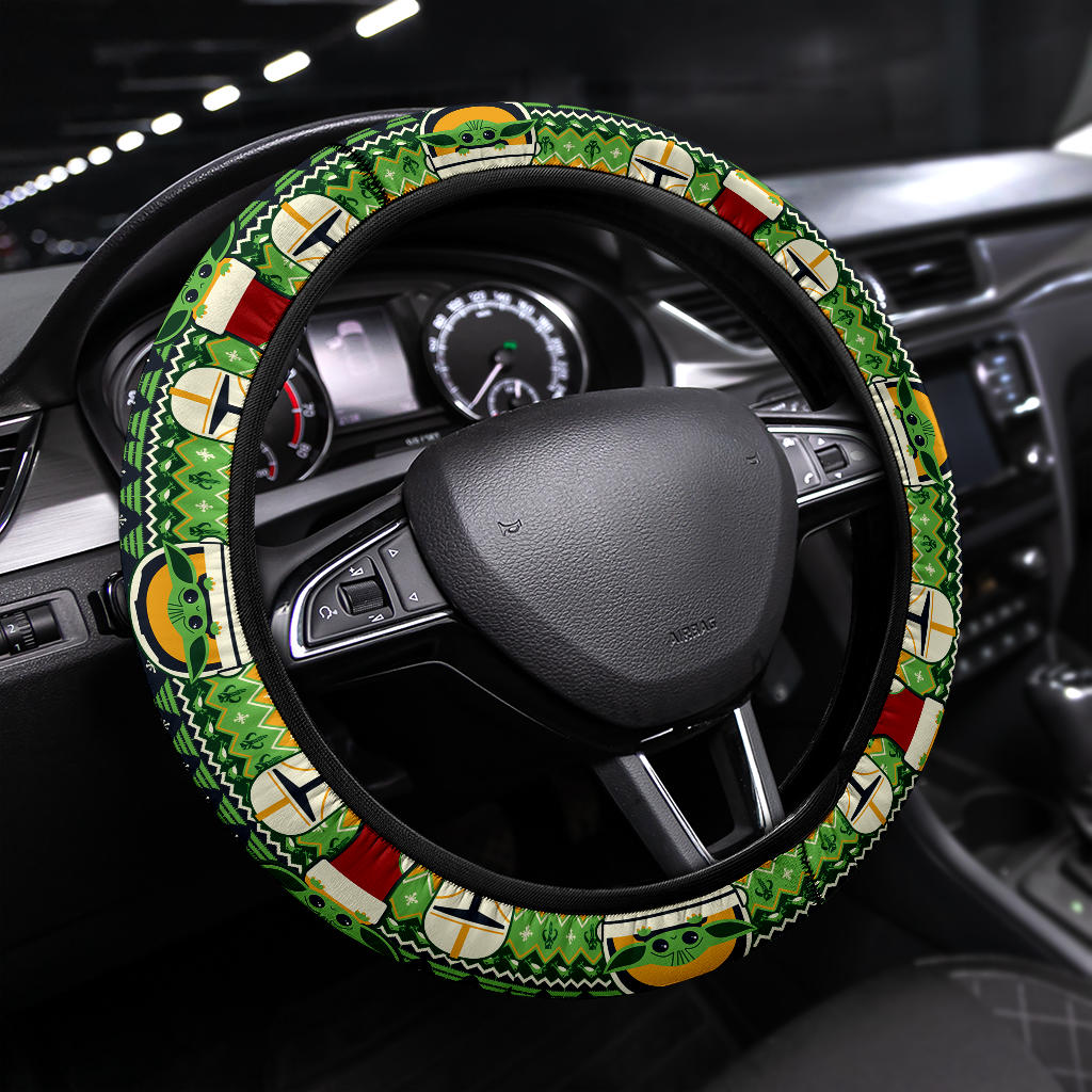 SW Steering Wheel Cover Baby Yoda In Spaceship And Mandalorian Driving Wheel Cover Green