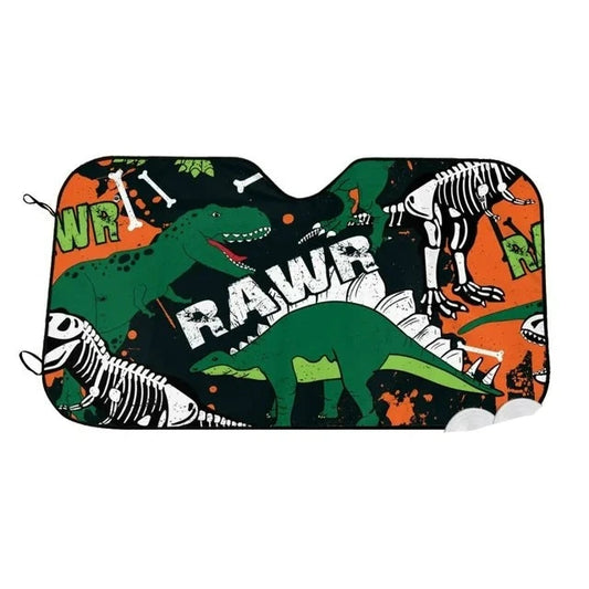 Dinosaur Car Sun Shade Dinosaur Skeleton Rawr Pattern Winshield Sun Shade Black Green