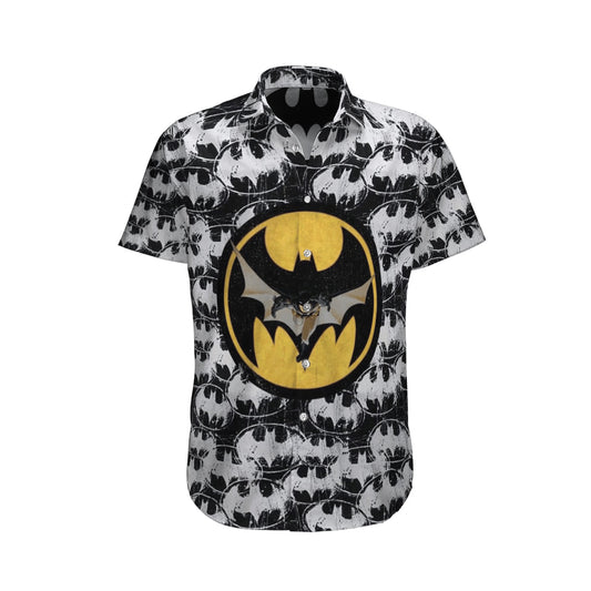 Batman Hawaii Shirt DC Batman Graphic Symbol Grunge Style Hawaiian Shirt Black Gray Unisex