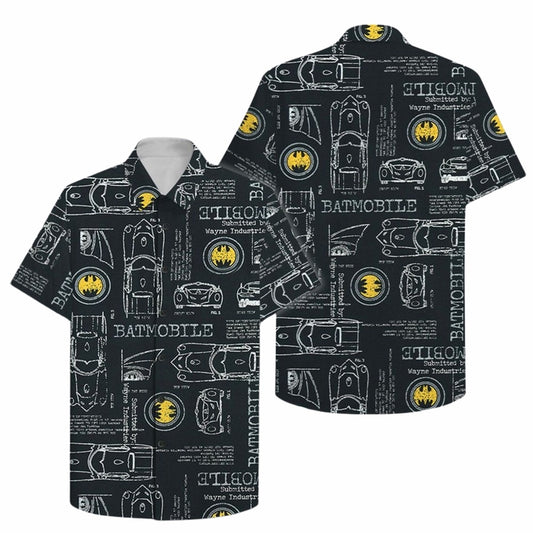 Batman Hawaii Shirt DC Batman Batmobile Sketch Pattern Hawaiian Shirt Black Unisex