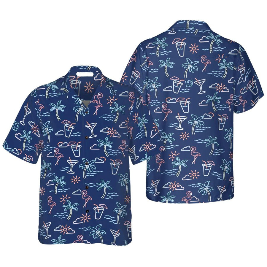 Flamingo Hawaii Shirt Flamingo Palm Tree Beach Pattern Hawaiian Shirt Blue Unisex