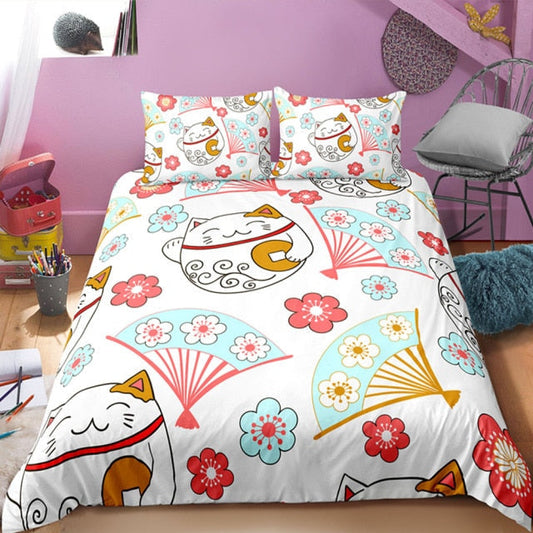 Japan Bedding Set Japanese Maneki Neko Fan Pattern Duvet Covers White Unique Gift